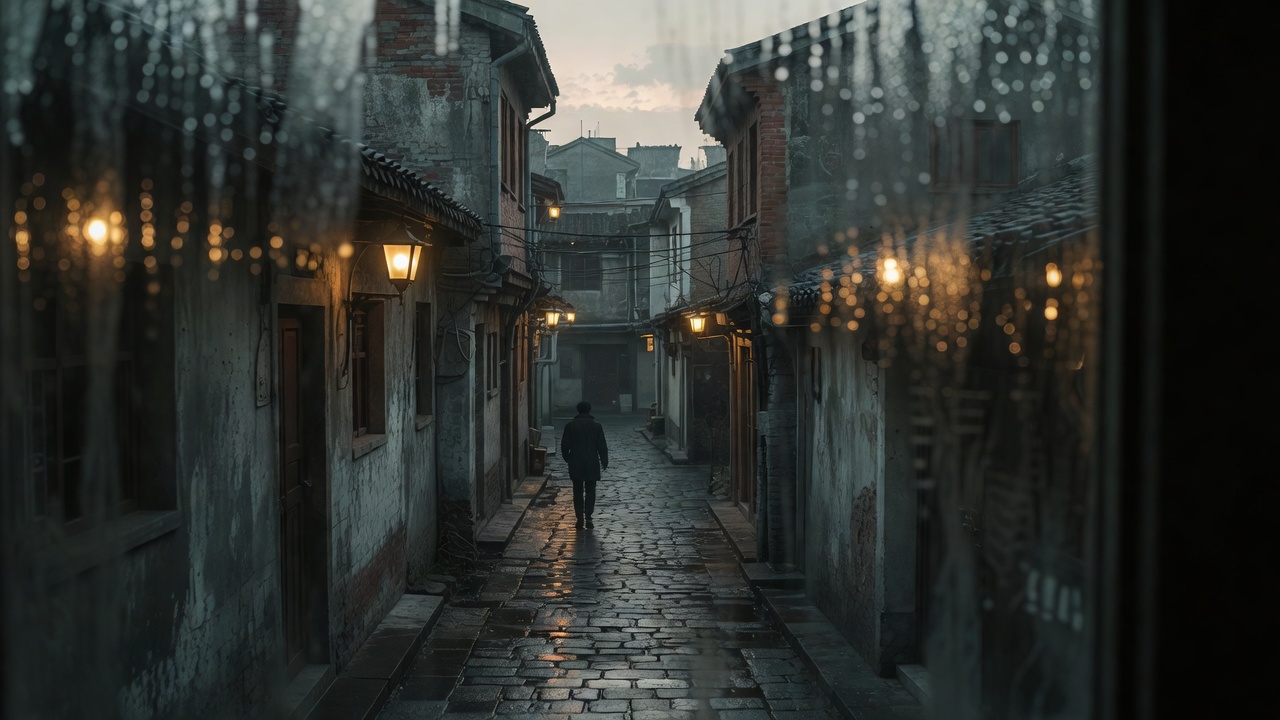 国产成人影视城市夜景与老楼道灯光的氛围剧照，远景人物与长镜头构图